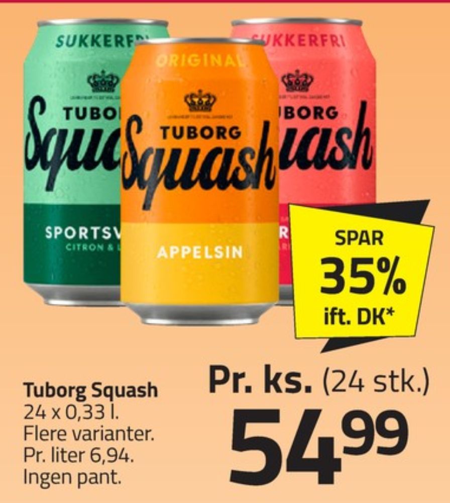 Tuborg Squash, Ferskensodavand Sukkerfri 24 pk.
