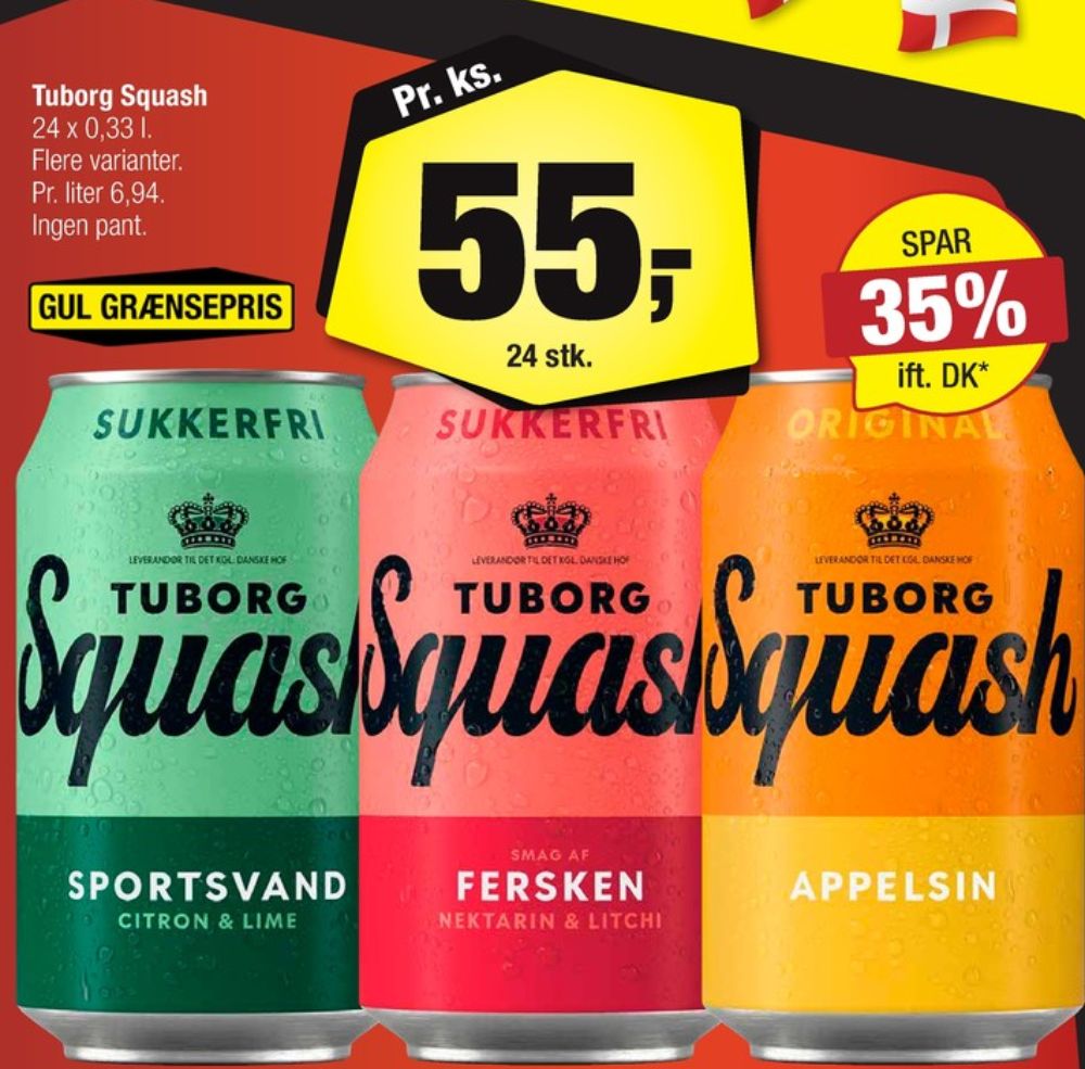 Tuborg Squash, Ferskensodavand Sukkerfri 24 pk.