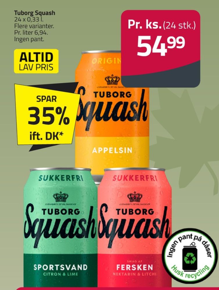 Tuborg Squash, Sportssodavand Citron Lime Sukkerfri 24 pk.