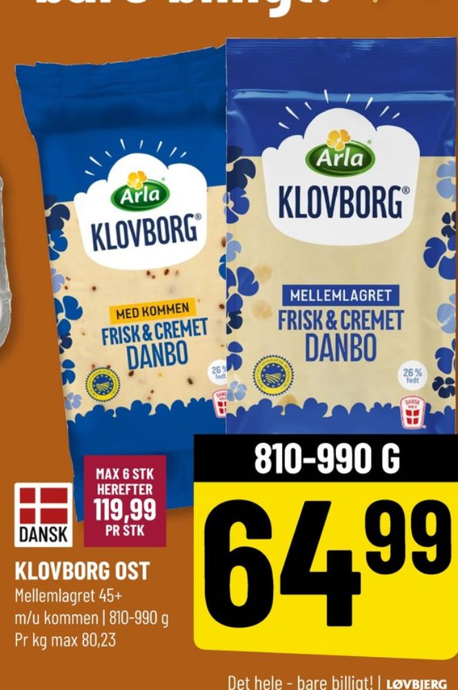 Klovborg, Skæreost Danbo Mellemlagret Kommen
