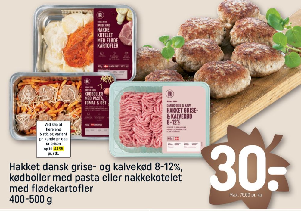 Rema 1000, Kødboller med Pasta, Tomat & Ost