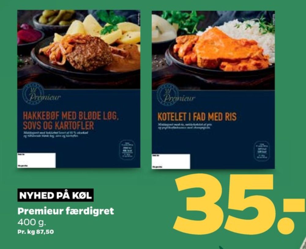 Premieur, Hakkebøf med Bløde Løg, Sovs og Kartofler