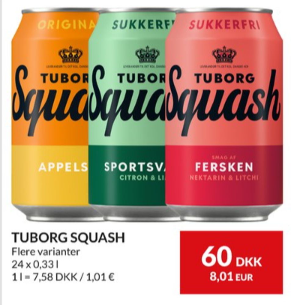 Tuborg Squash, Ferskensodavand Sukkerfri 24 pk.