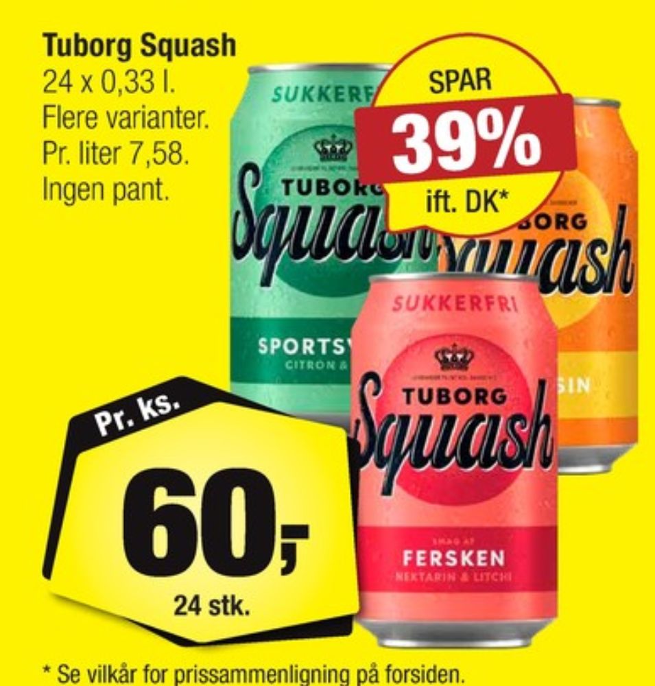 Tuborg Squash, Ferskensodavand Sukkerfri 24 pk.
