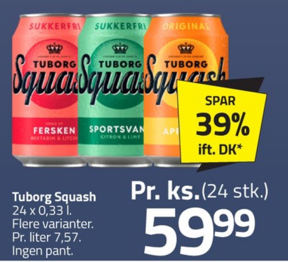 Tuborg Squash, Ferskensodavand Sukkerfri 24 pk.