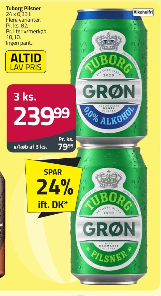 Tuborg Grøn 0,0, Øl - Alkoholfri 24 pk.