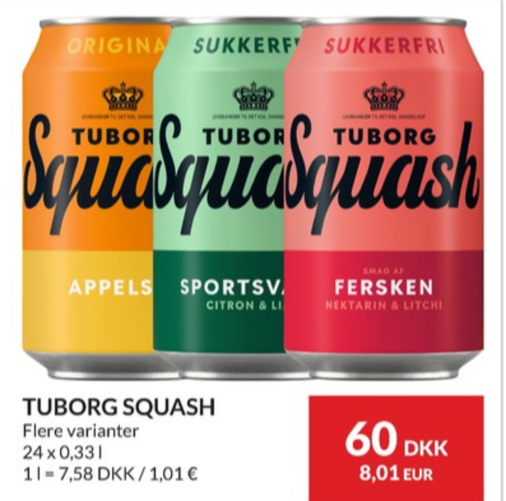 Tuborg Squash, Ferskensodavand Sukkerfri 24 pk.