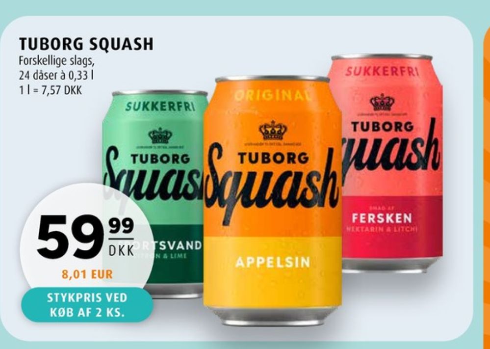 Tuborg Squash, Ferskensodavand Sukkerfri 24 pk.