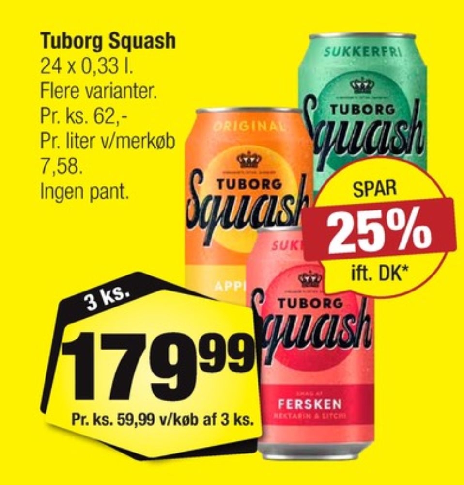 Tuborg Squash, Ferskensodavand Sukkerfri 24 pk.