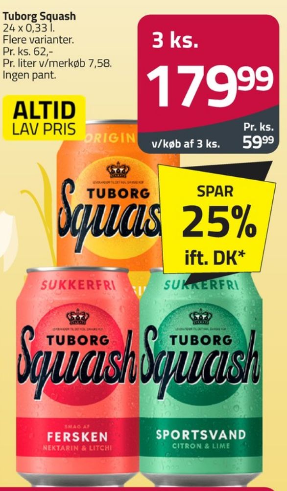 Tuborg Squash, Ferskensodavand Sukkerfri 24 pk.