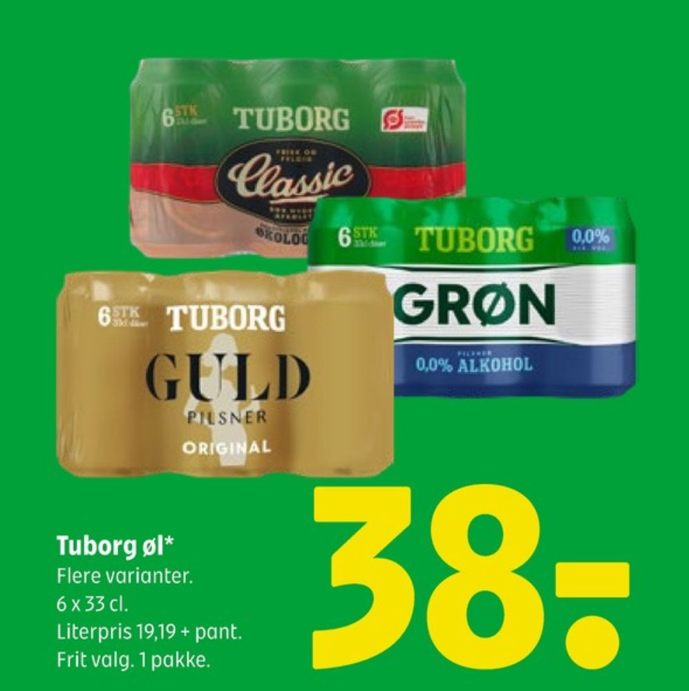 Tuborg Grøn 0,0, Øl - Alkoholfri 6 pk.