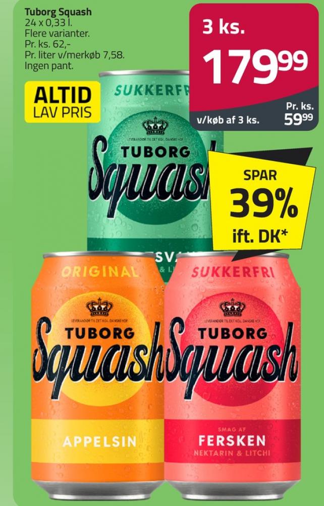 Tuborg Squash, Ferskensodavand Sukkerfri 24 pk.