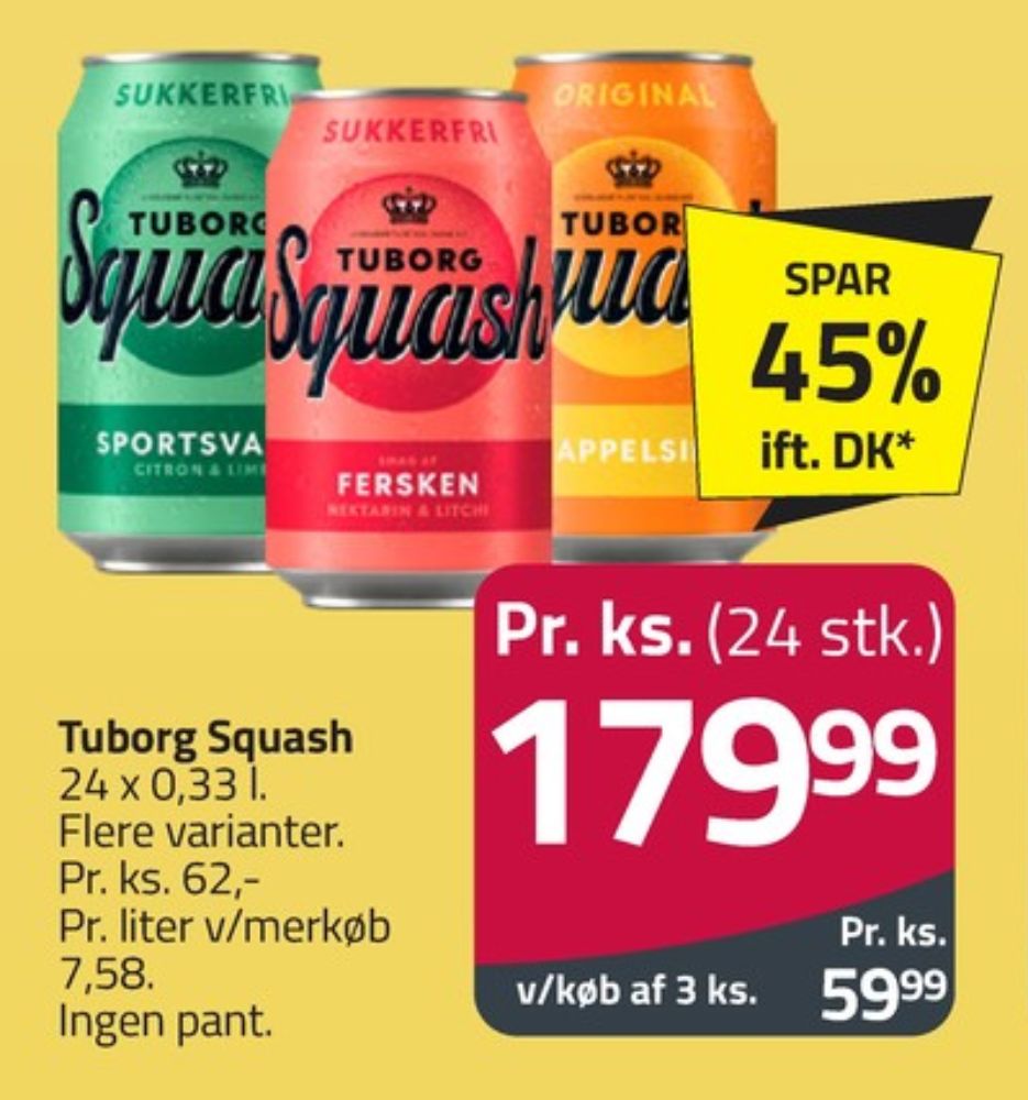 Tuborg Squash, Ferskensodavand Sukkerfri 24 pk.