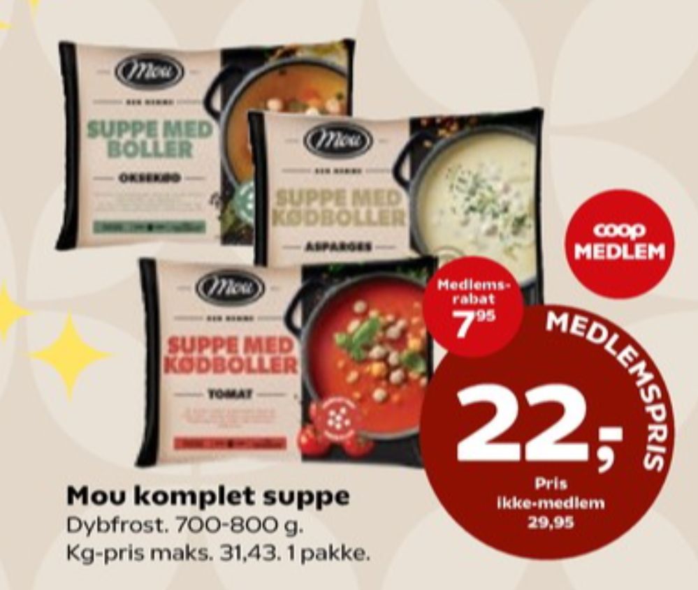 Mou, Aspargessuppe med Kødboller