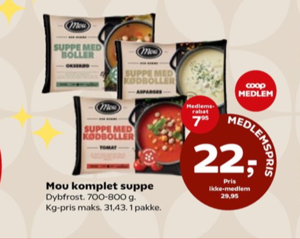 Mou, Aspargessuppe med Kødboller