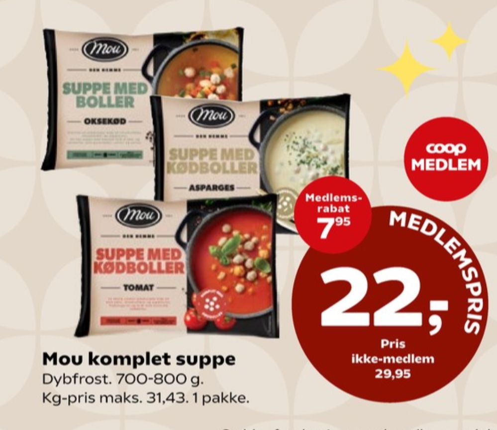 Mou, Aspargessuppe med Kødboller
